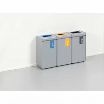 Tre återvinningskärl 55 liter för papper, plast och restavfall i inomhusmiljö