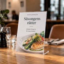 L-ställ i akryl som menyhållare på bord