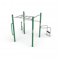 Multi Fitness Gym utegym visad bakifrån i grönt och grått stål