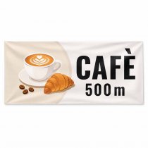 Färdig cafébanderoll med texten Café 500 m på ljus bakgrund
