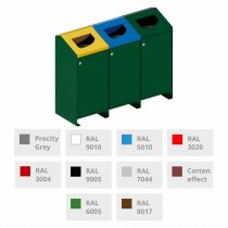 Berlin källsortering utomhus med 3 sopsorteringskärl i olika RAL-färger