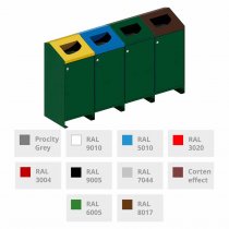 Berlin källsortering utomhus med 4 sopsorteringskärl i olika RAL-färger