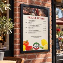 Crown affischram med svart 33 mm snäppprofil monterad på tegelvägg utanför restaurang