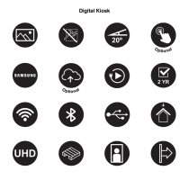Ikoner som visar funktioner för digital informationsdisk: Wi-Fi, UHD, Touch och USB