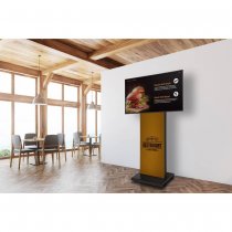 Digital skyltfönsterdisplay med textilprint i hotellobby – elegant digital signage för välkomstinformation