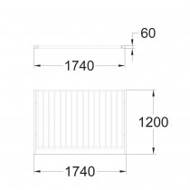 Mått och dimensioner för Global staket H1200 – bassektion i pulverlackerat stål med lodräta rör.