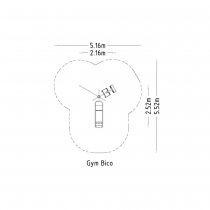 Ritning som visar fallskyddsområde och säkerhetsytor för Bico utegym