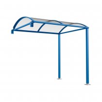 Förlängningsmodul Voute M gångpassage i blå RAL 5010 med välvt UV-skyddat polykarbonattak och galvaniserad stålkonstruktion.