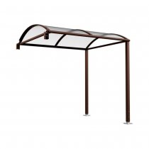 Förlängningsmodul Voute M väderskydd i brun RAL 8017 med stålrör 80×80 mm och tak i kanalplast av polykarbonat.