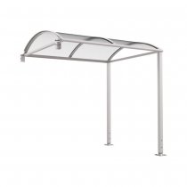 Voute M förlängningsmodul i ljusgrå RAL 7044, välvt tak i UV-behandlad polykarbonat och pulverlackerade stålrör.