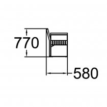 Teknisk sidovy av Momentum parksoffa med armstöd – höjd 770 mm och djup 580 mm.
