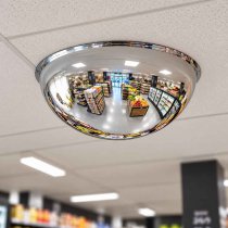 Takmonterad övervakningsspegel och skvallerspegal med konvex spegelyta som ger överblick över butik.