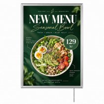 LED Lightbox A0 – belyst menytavla med silverram och meny för restaurang