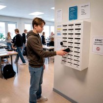 Elev lägger sin mobil i mobilskåp på skola