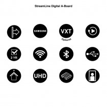 Ikoner för StreamLine digital A-ställ 43 tum – visar funktioner som UHD, Wi-Fi, Bluetooth och Plug & Play