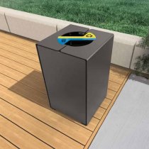 Sopsorteringskärl utomhus i stål KUBE placerat i offentlig miljö