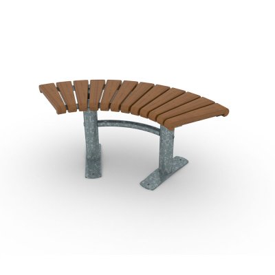 Sofiero parkbänk svängd small 90° i trä och galvaniserat stål, fristående montering i parkmiljö