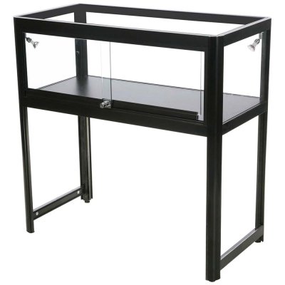 Svart glasmonter med låsbara skjutglas, belysning och stabil ram