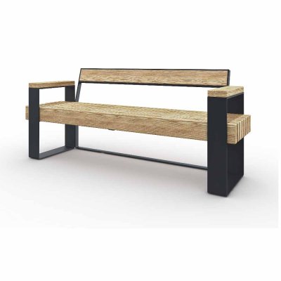 Momentum parksoffa med armstöd i linoljebehandlad furu och svart stålram RAL 9005.