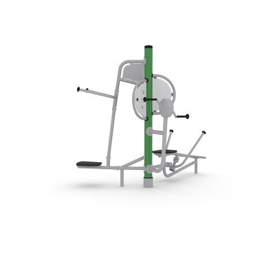 Sidovy av Tibas utegym i grönt och titan med tre träningsmoment