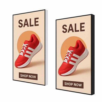 Smart Line Digital skärm 50 tum visar kampanj för skor, svart och vit modell perfekt för digital signage i skyltfönster.