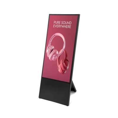 StreamLine digital A-ställ 43 tum visar reklam för hörlurar, UHD-skärm för digital signage i butik.