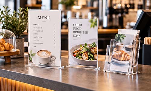 Akrylställ och menyhållare i akryl på disk i café- och butiksmiljö