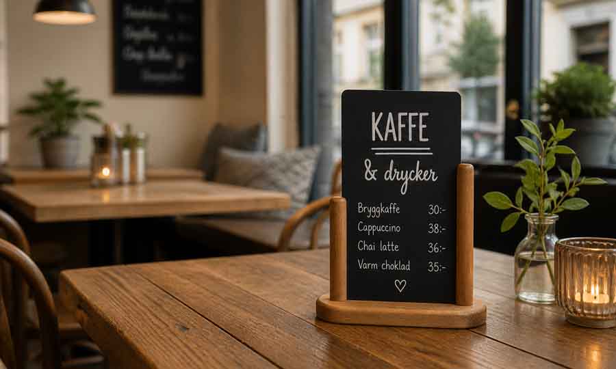 Menyställ bord med griffeltavla på café