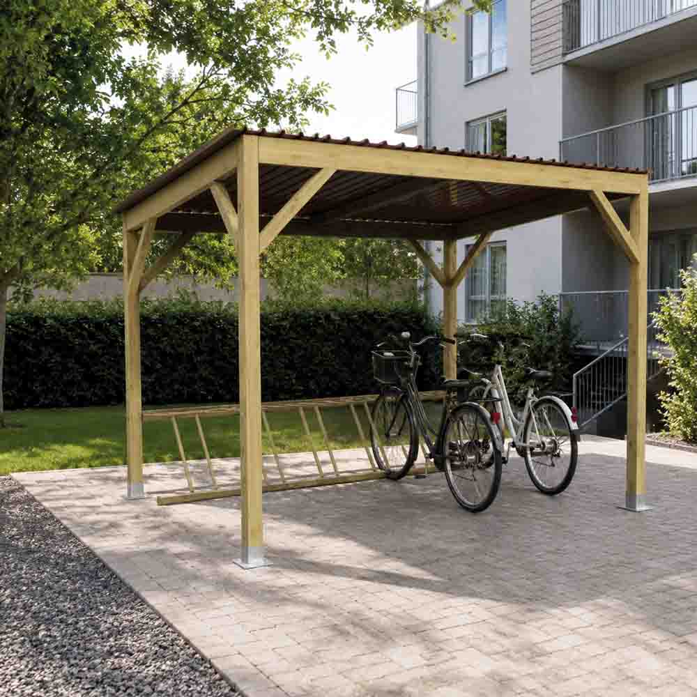 Cykelgarage och cykelställ i tryckimpregnerat virke