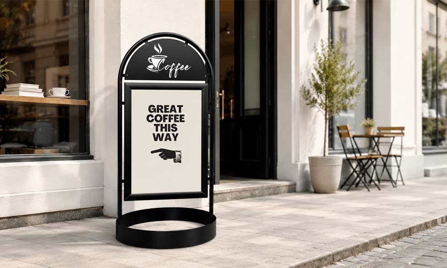 Gatupratare och trottoarpratare utanför café och butik