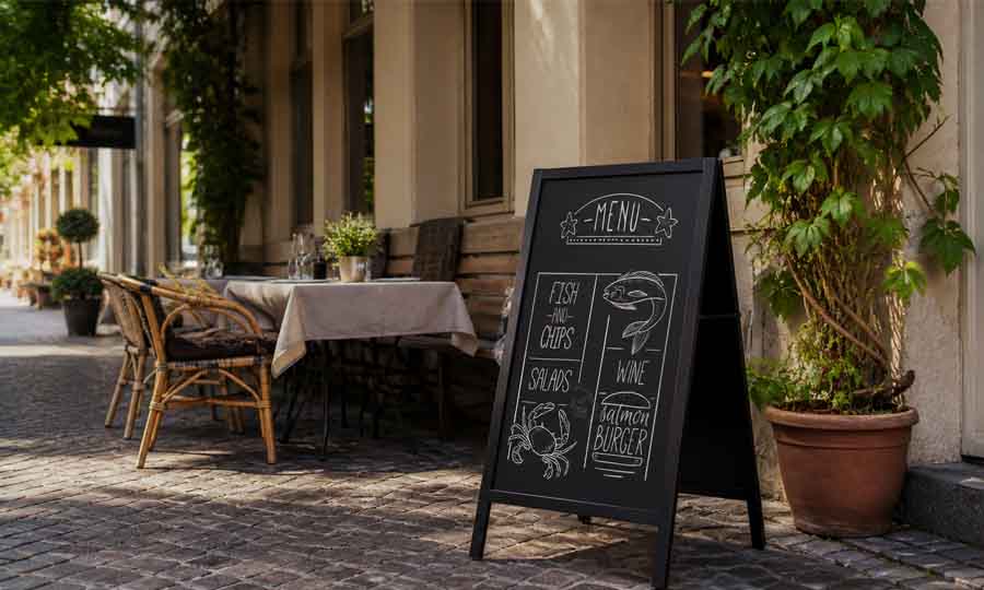 Griffelställ och griffelpratare utanför restaurang med meny