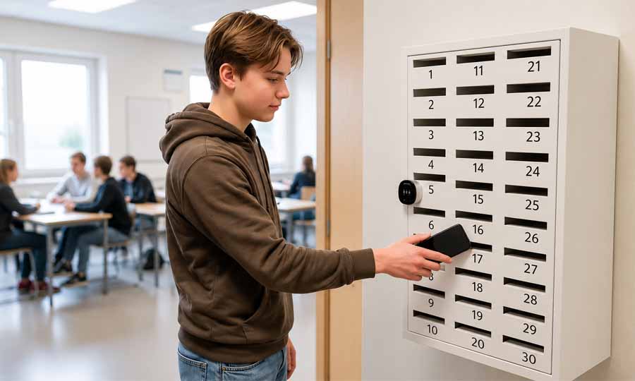 Mobilskåp för skola där elev lämnar in mobiltelefon i låsbart mobilhotell