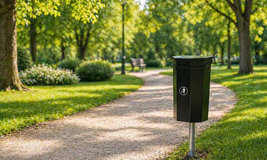 Papperskorg monterad på stolpe i offentlig miljö